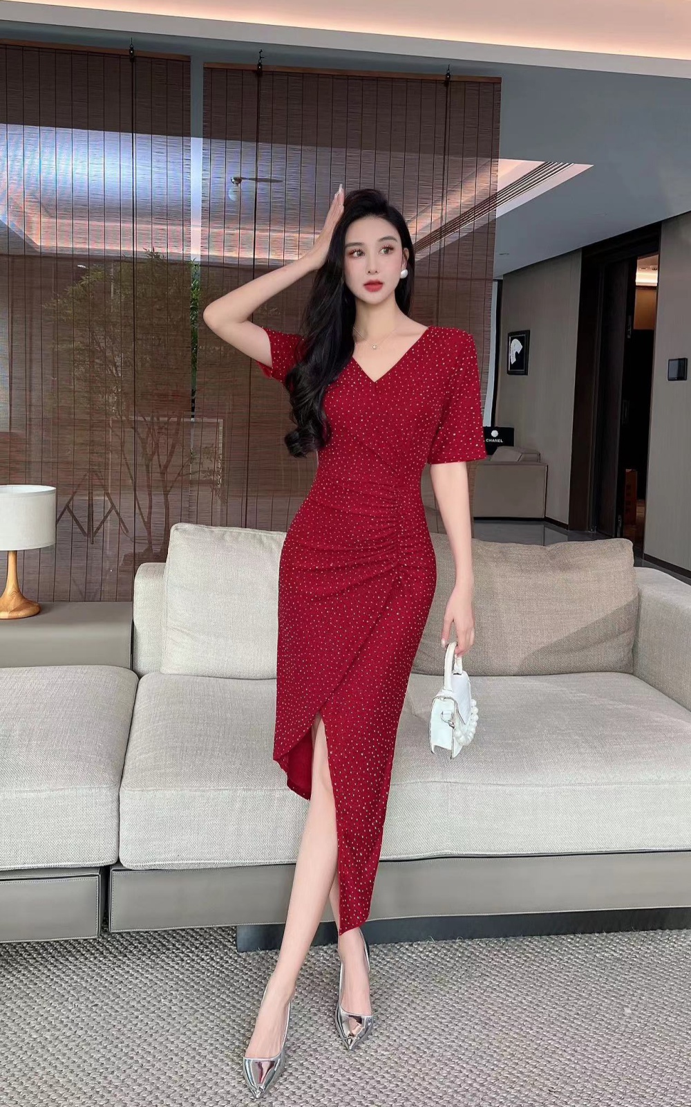 Liangsi fashion V-neck long dress slim package hip split dress