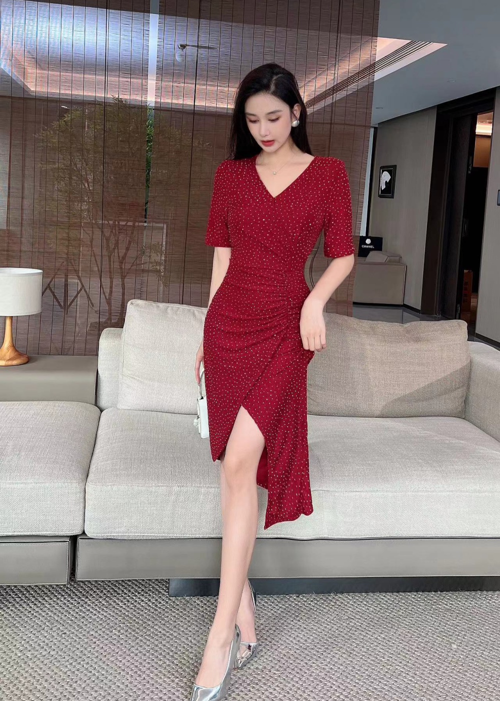 Liangsi fashion V-neck long dress slim package hip split dress