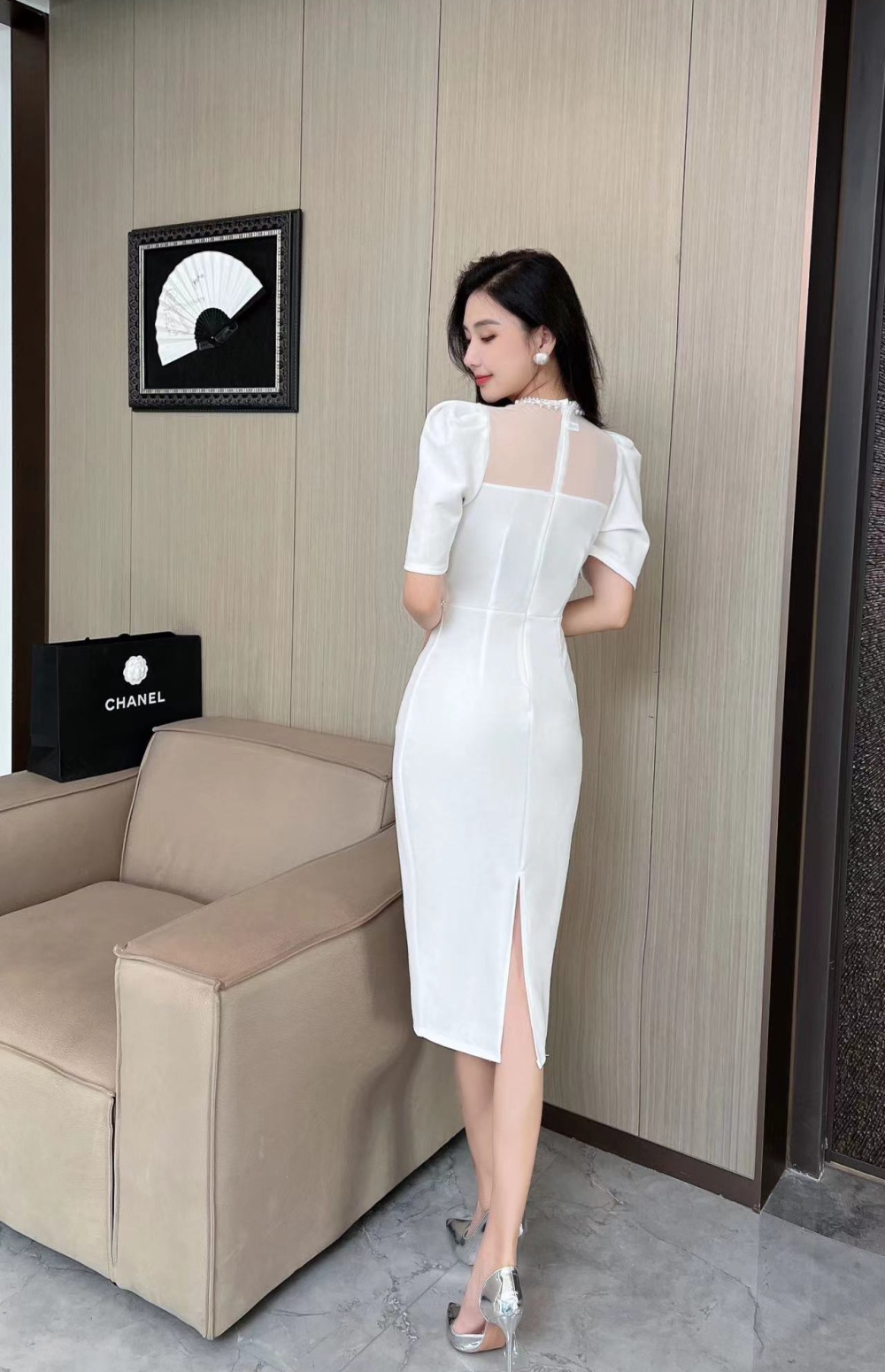 Temperament long short sleeve slim split dress for women