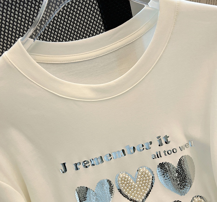 All-match rhinestone Casual T-shirt pure cotton heart tops