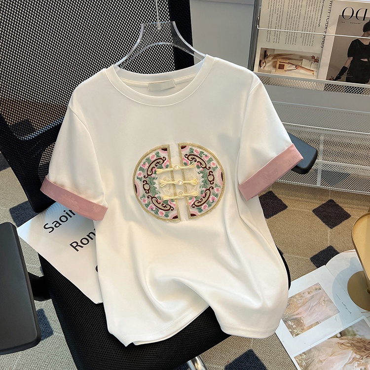 Light embroidery T-shirt Chinese style tops for women