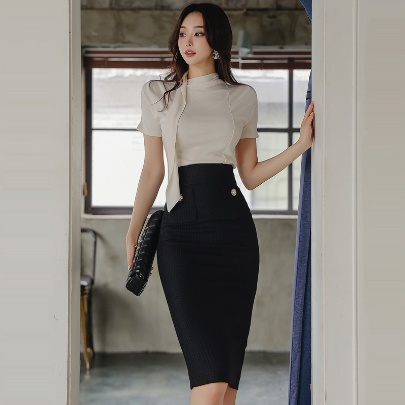 Pinched waist fashion dress package hip knitted tops 2pcs set