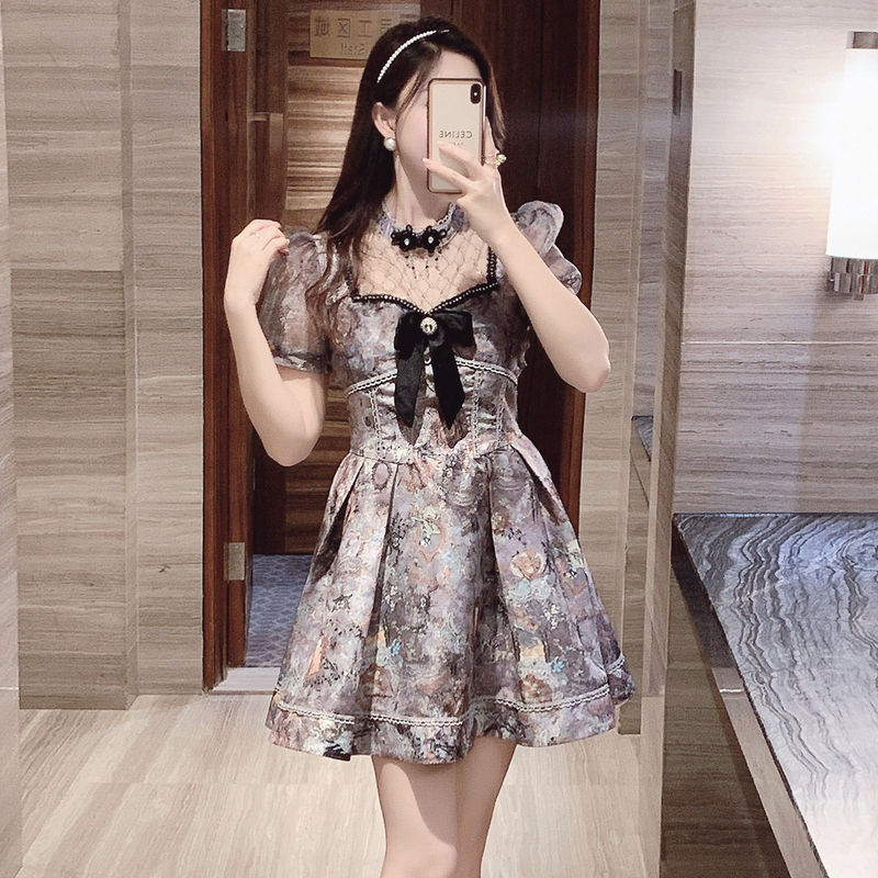 Printing bow retro Chinese style spring dress for women