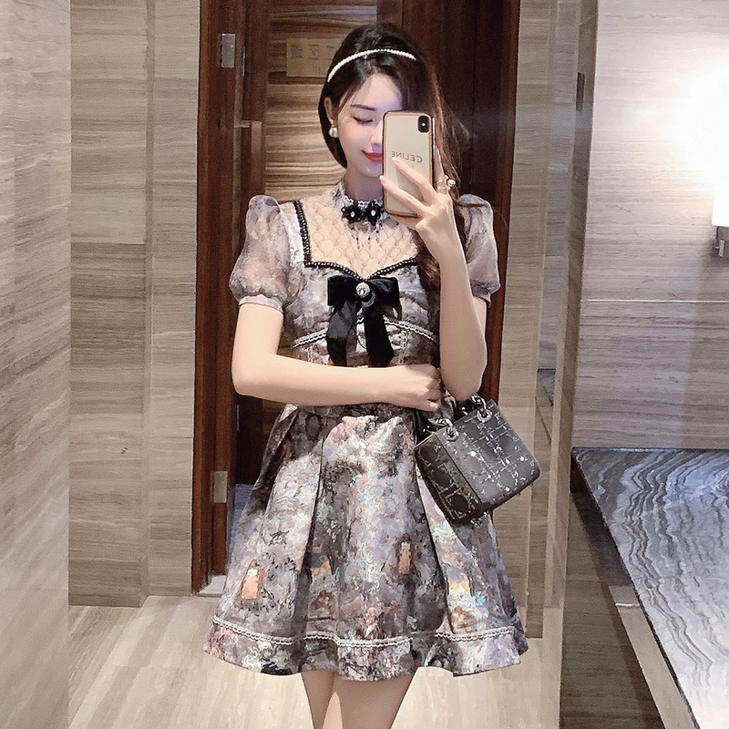 Printing bow retro Chinese style spring dress for women