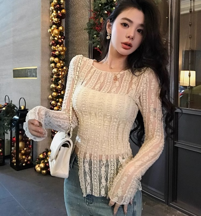 Round neck lace pure spring enticement T-shirt for women