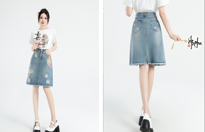 Chinese style high waist one step skirt denim skirt