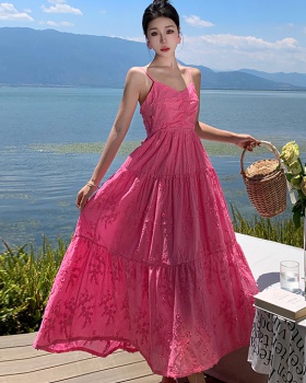 Stereoscopic halter dress embroidered long dress