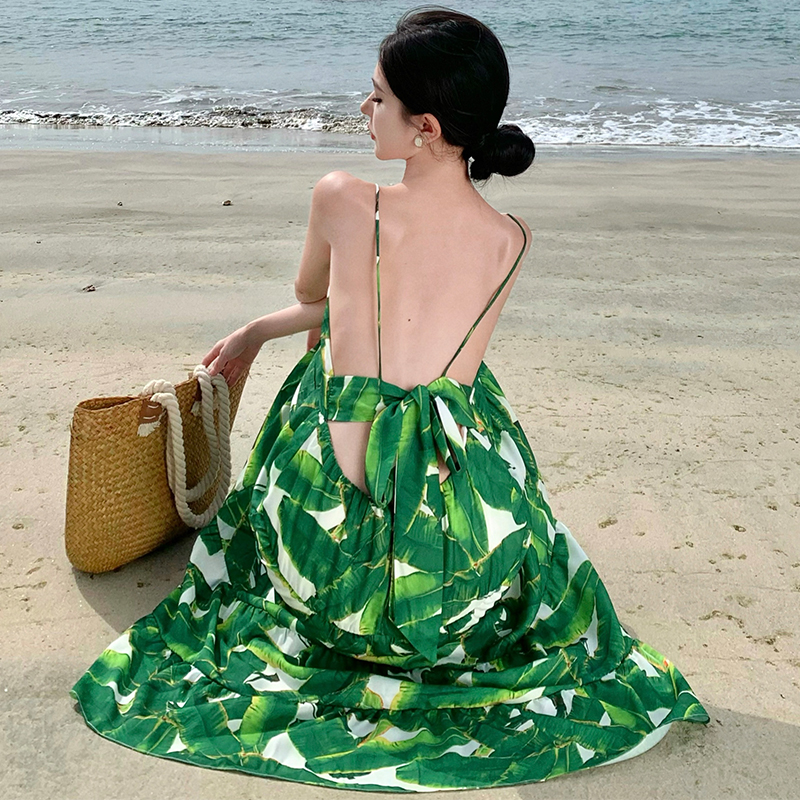 Vacation sling printing summer leaf dress