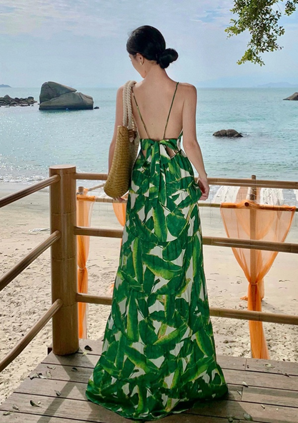 Vacation sling printing summer leaf dress