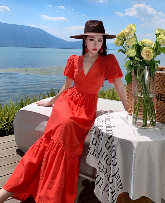 Halter France style dress red short sleeve beach dress