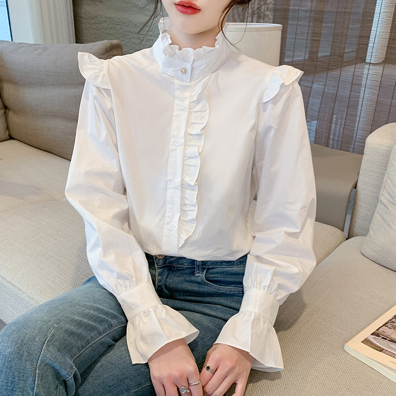 Wood ear white tops long sleeve cotton shirt for women