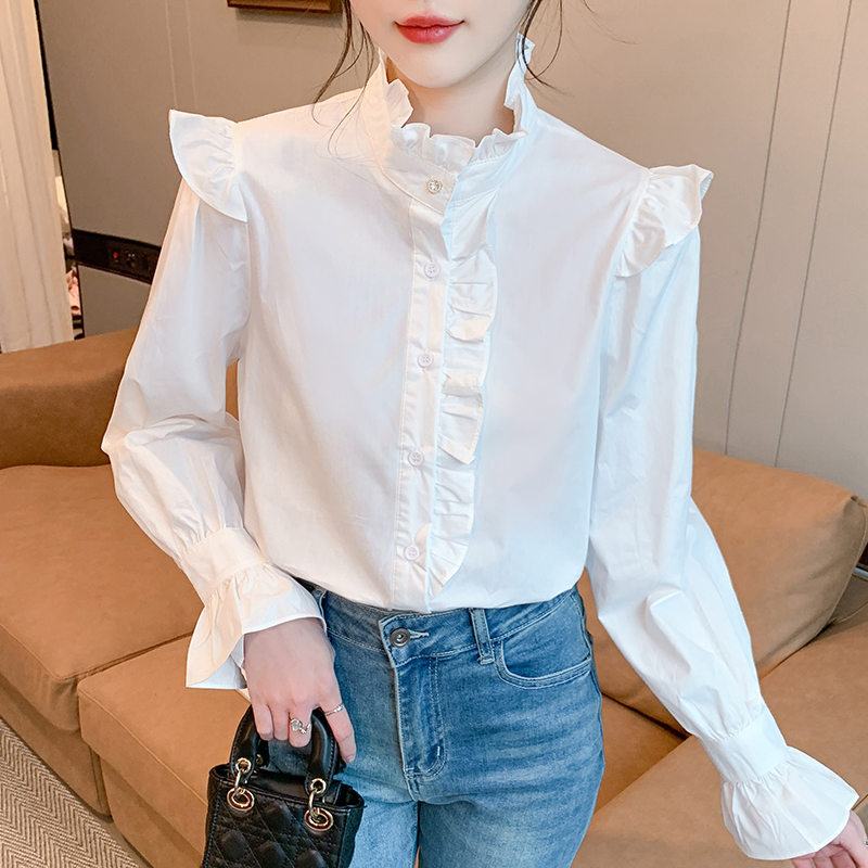 Wood ear white tops long sleeve cotton shirt for women