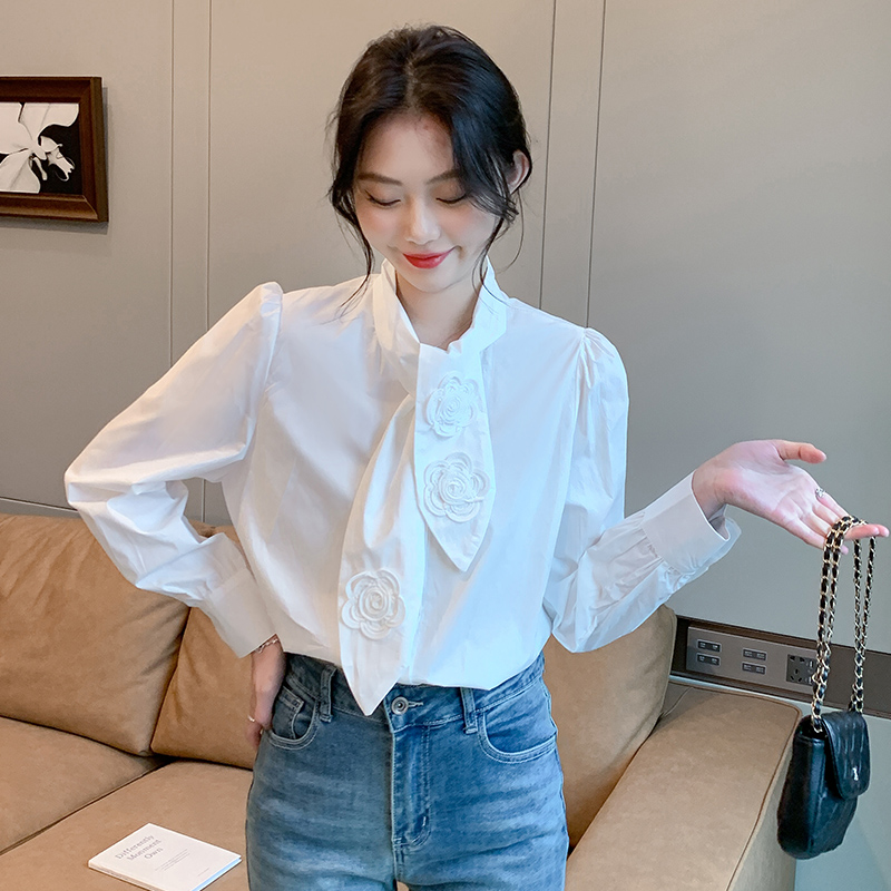 Casual cotton spring shirt bow long sleeve white tops for women
