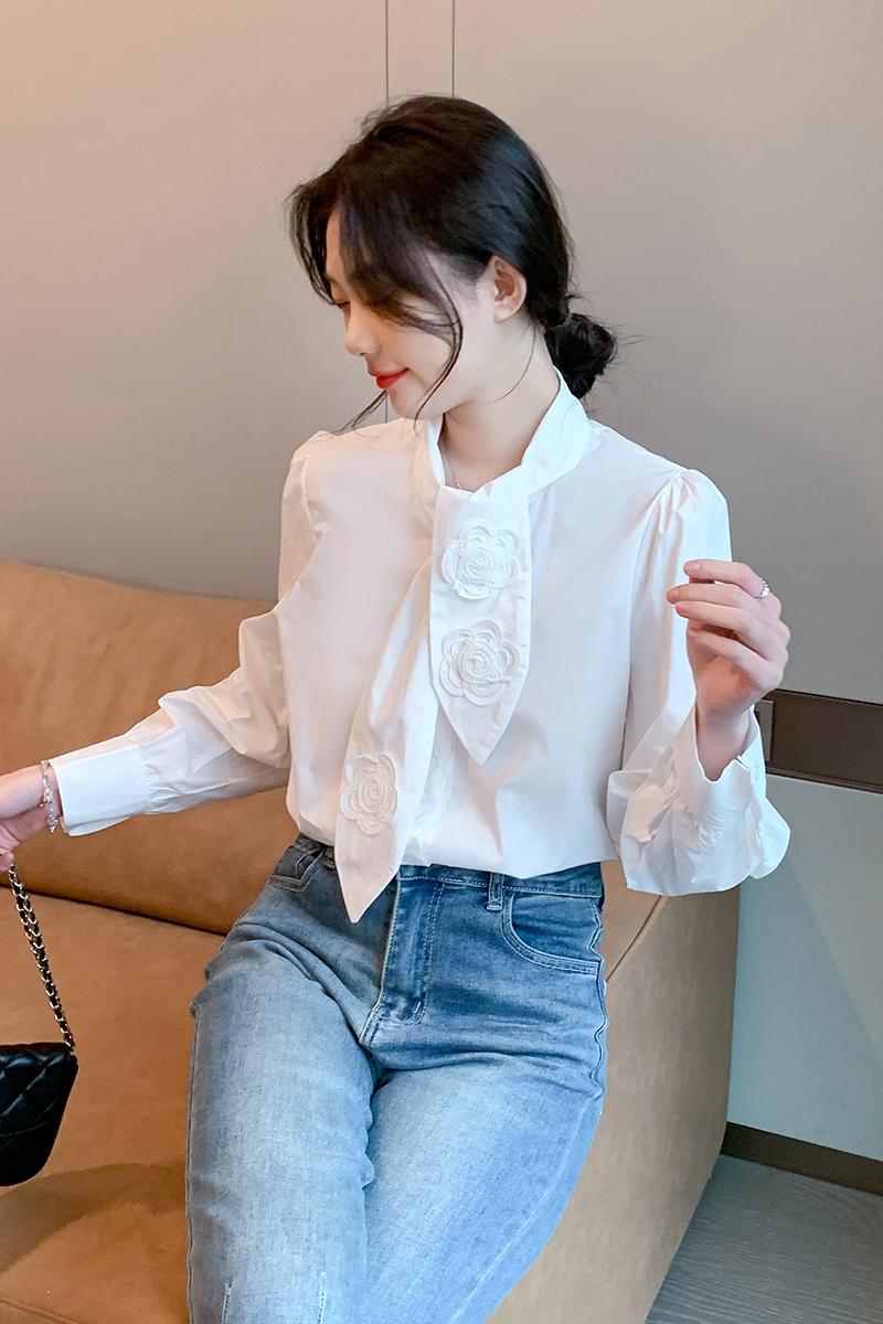 Casual cotton spring shirt bow long sleeve white tops for women