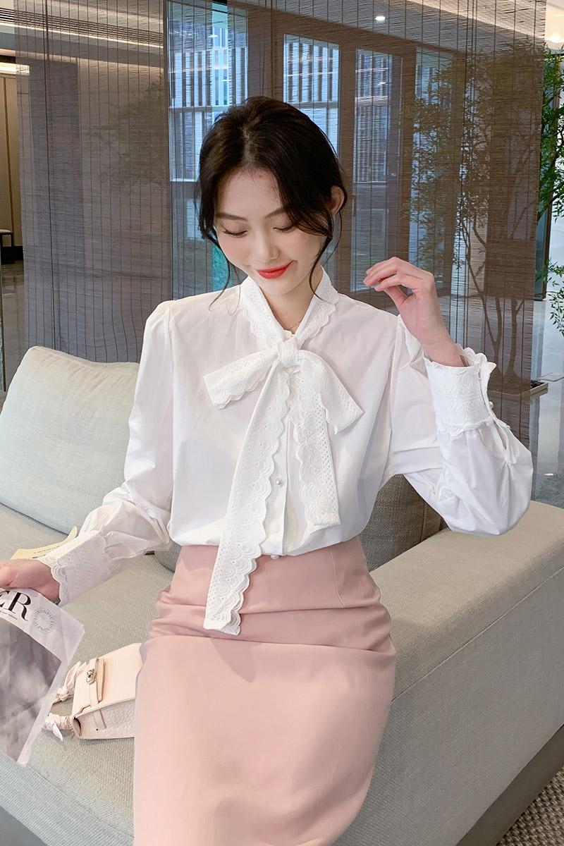 Bow white spring shirt cotton long sleeve Casual tops