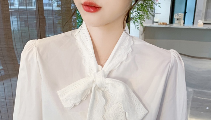 Bow white spring shirt cotton long sleeve Casual tops