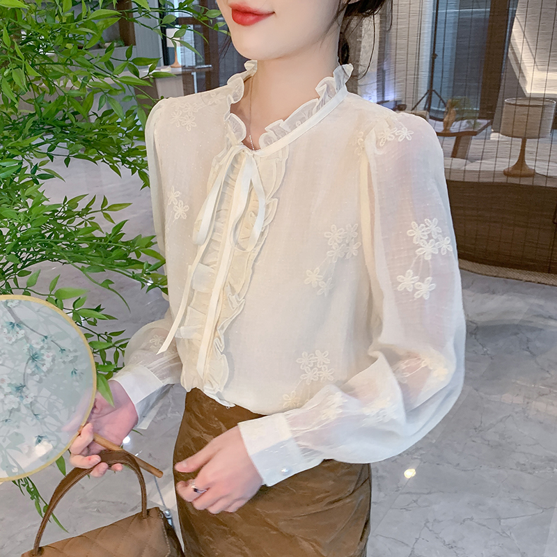 Wood ear embroidered shirt all-match tops for women