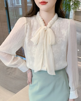 Bow round neck shirt long sleeve spring tops for women