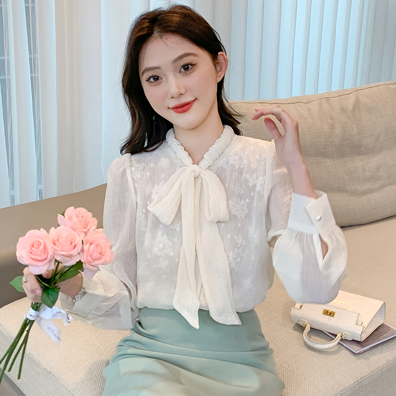 Bow round neck shirt long sleeve spring tops for women