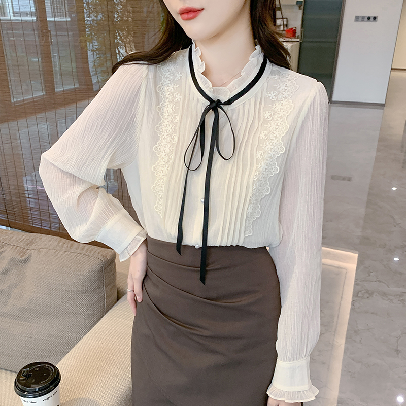 Korean style bow shirt splice tops for women