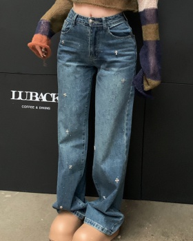 Blue slim long pants high waist jeans for women