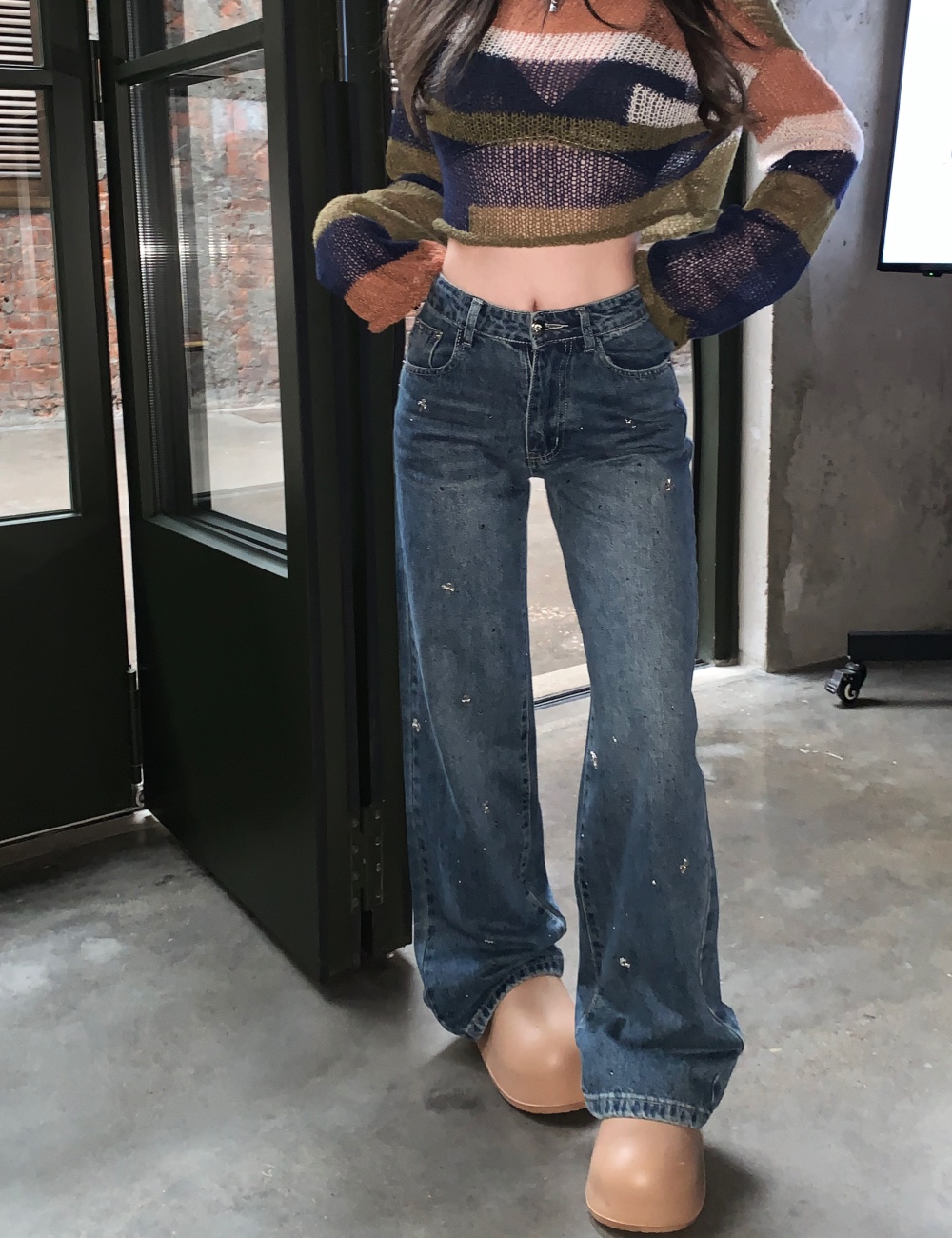 Blue slim long pants high waist jeans for women