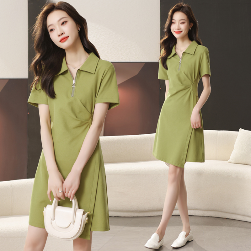 Slim A-line green high waist dress for women