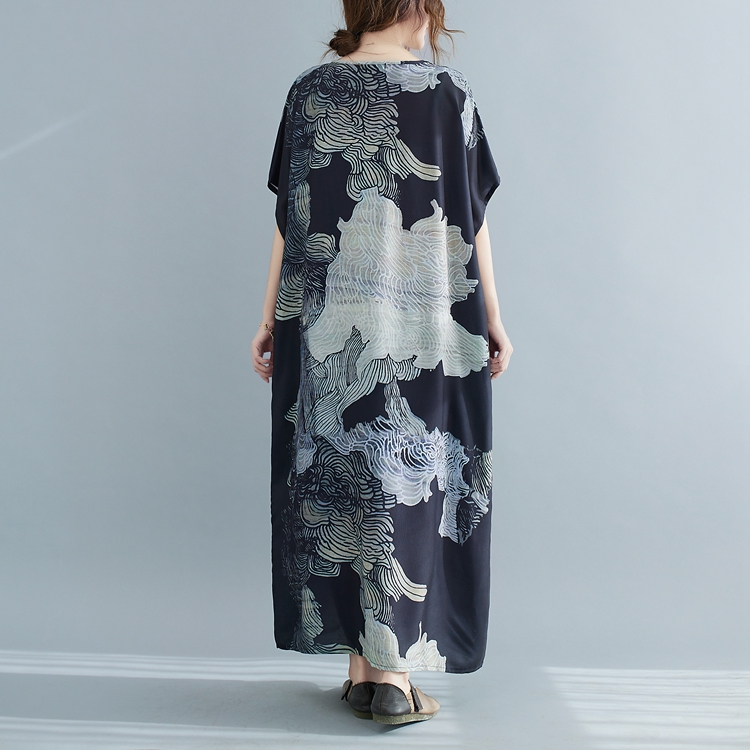 V-neck printing robe Casual short sleeve long dress