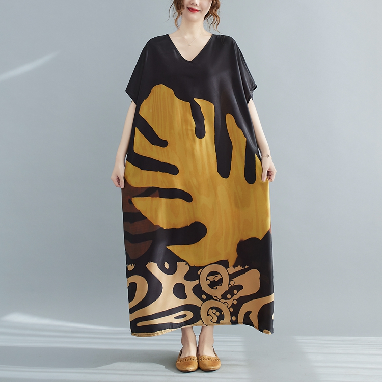 Art retro printing robe Casual colors short sleeve long dress