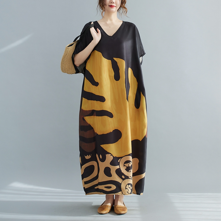 Art retro printing robe Casual colors short sleeve long dress