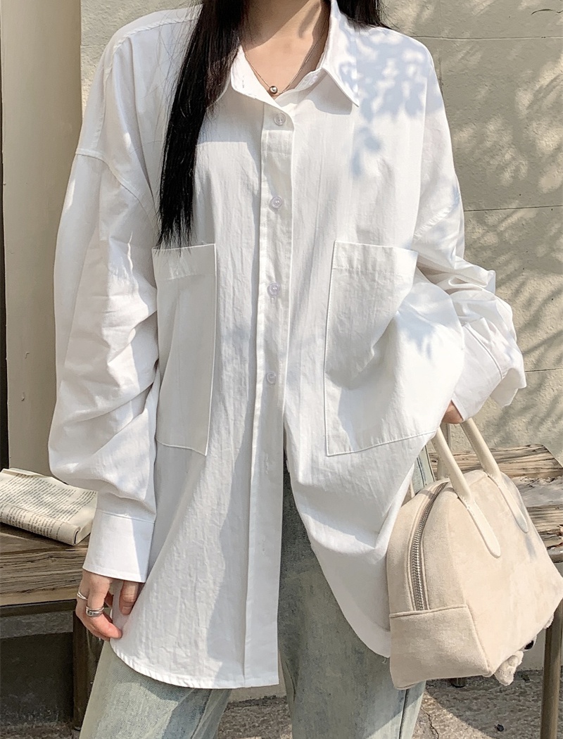 Large pockets spring all-match loose white shirt