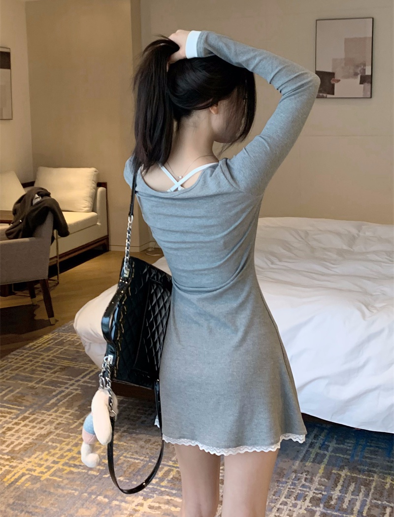 Pinched waist gray spicegirl slim long sleeve dress 2pcs set