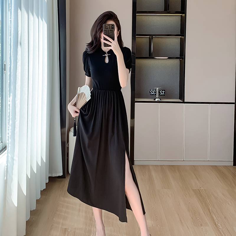 Chinese style black dress Casual split long dress for women
