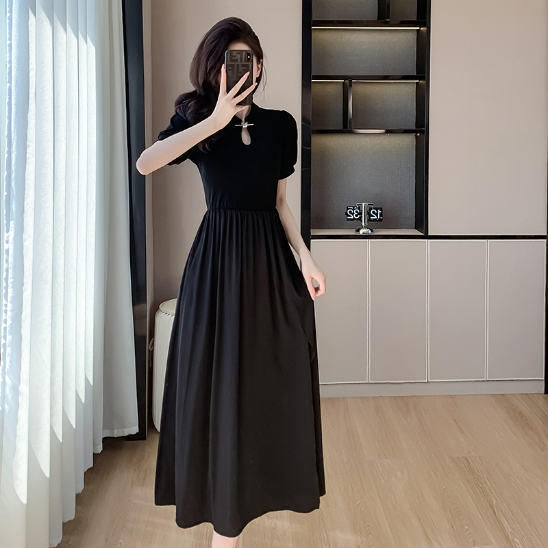 Chinese style black dress Casual split long dress for women