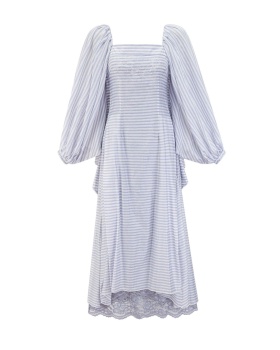 Stripe blue-white bat sleeve dress ladies autumn long dress