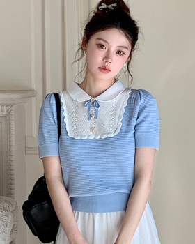 Bow sweet tops doll collar knitted T-shirt for women