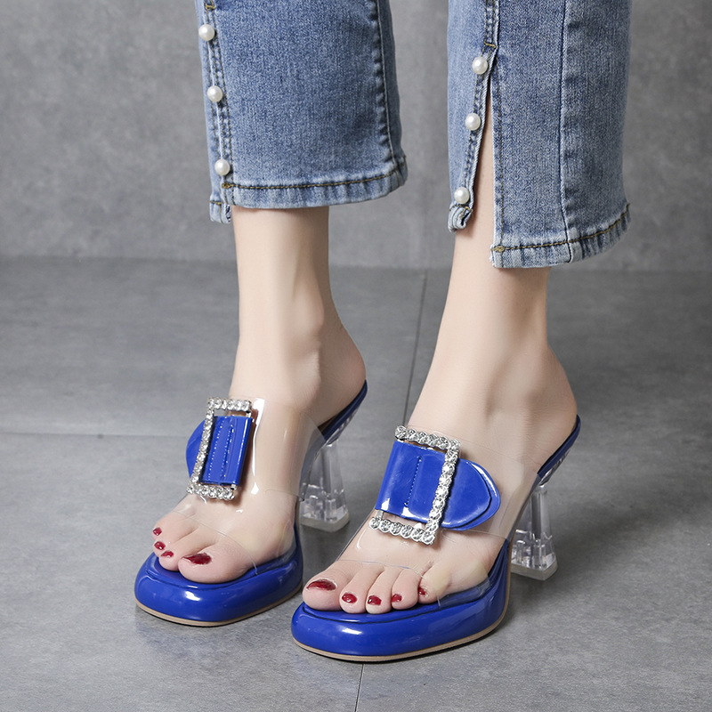 High-heeled thick rhinestone slippers for women