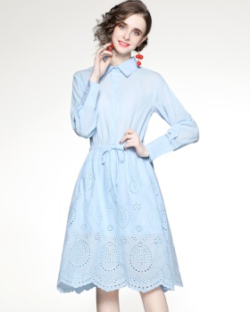 Embroidery long sleeve hollow spring lapel dress