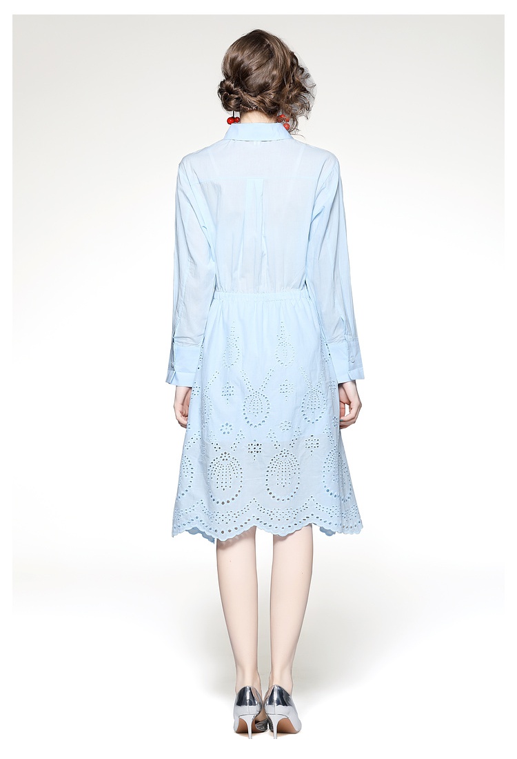 Embroidery long sleeve hollow spring lapel dress