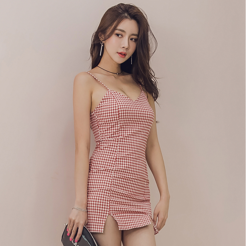 Sexy halter short sling plaid slim Korean style dress