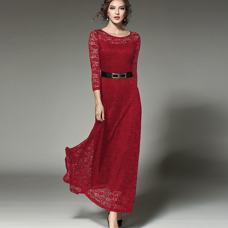 Embroidery A-line lace dress