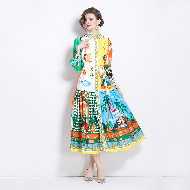 Spring and autumn printing long dress lapel dress