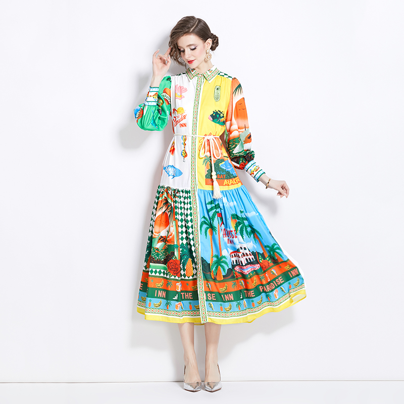 Spring and autumn printing long dress lapel dress