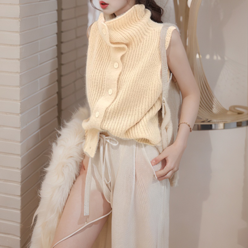 Pure knitted sleeveless waistcoat autumn high collar tops