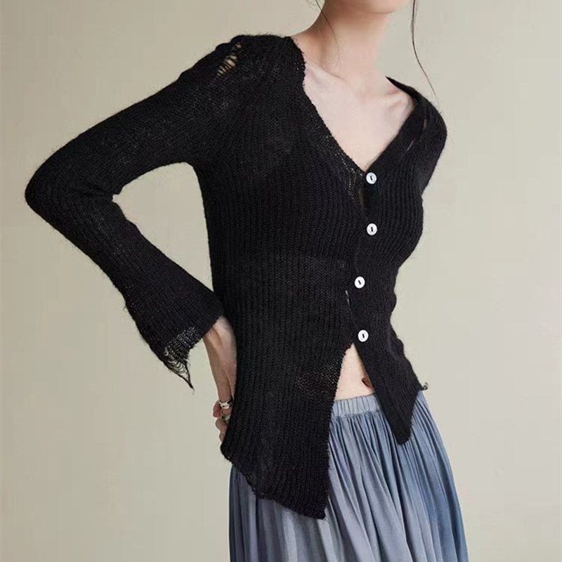 Spring and autumn holes tops asymmetry thin sweater for women
