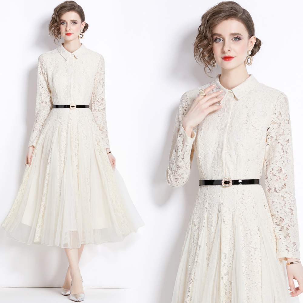 Elegant pinched waist long dress temperament lace dress