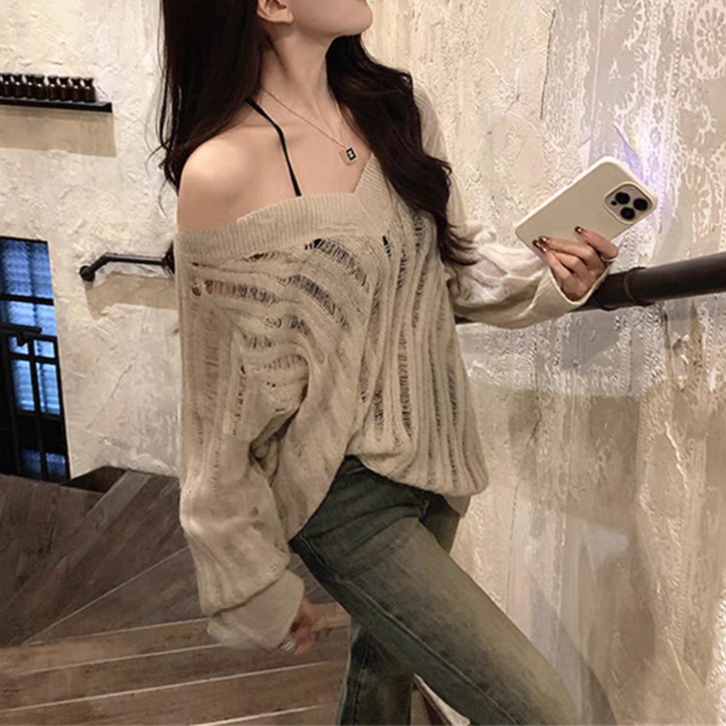 Hollow loose sweater V-neck spring and summer smock for women