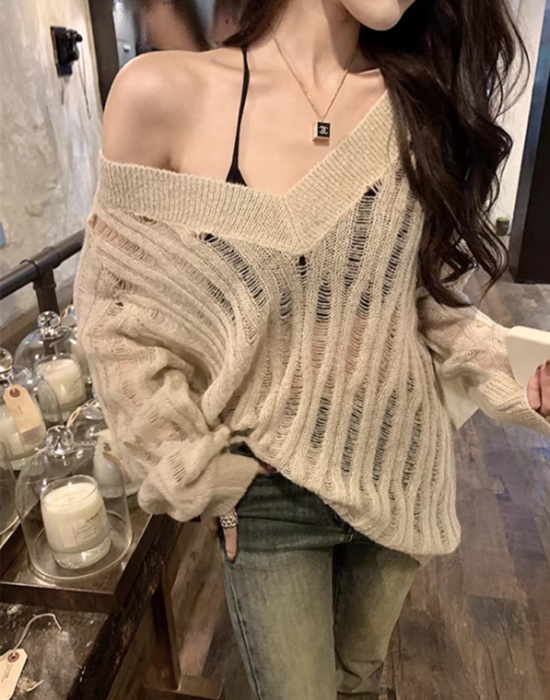 Hollow loose sweater V-neck spring and summer smock for women