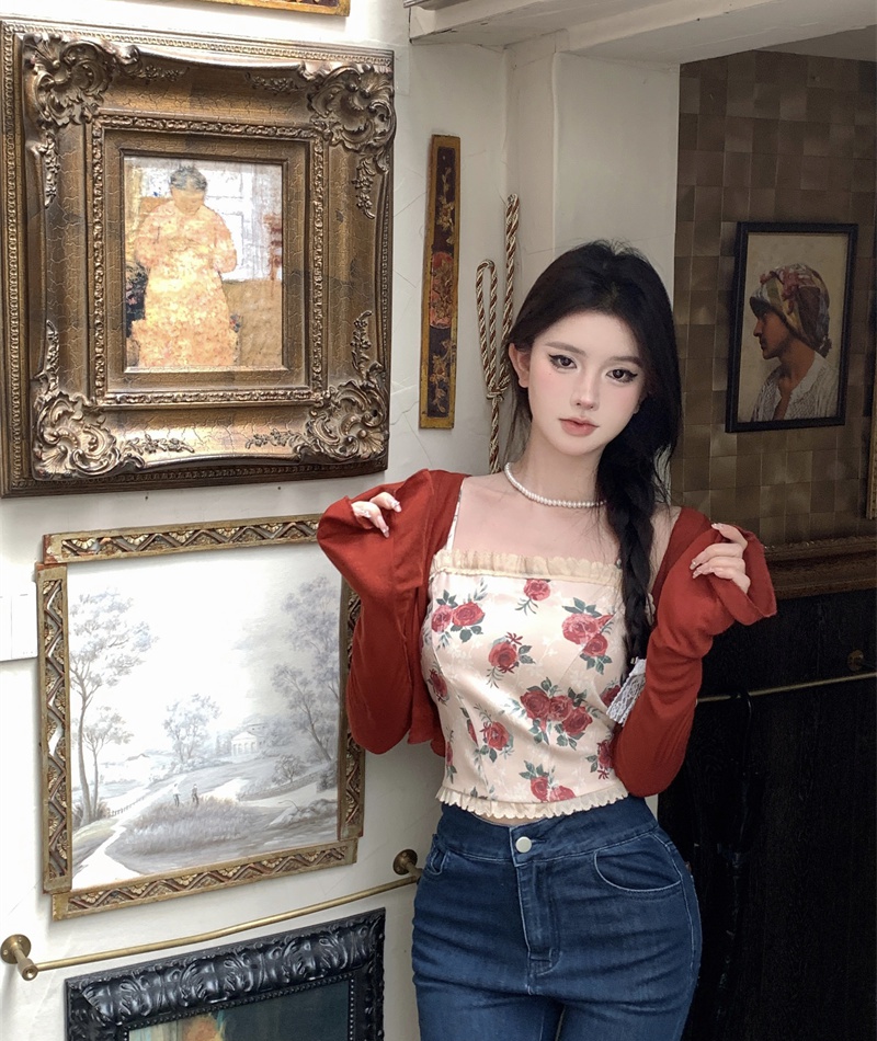 Show young retro red tender floral small shawl 2pcs set