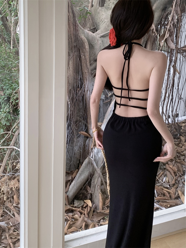 Slim temperament sexy long dress black halter dress